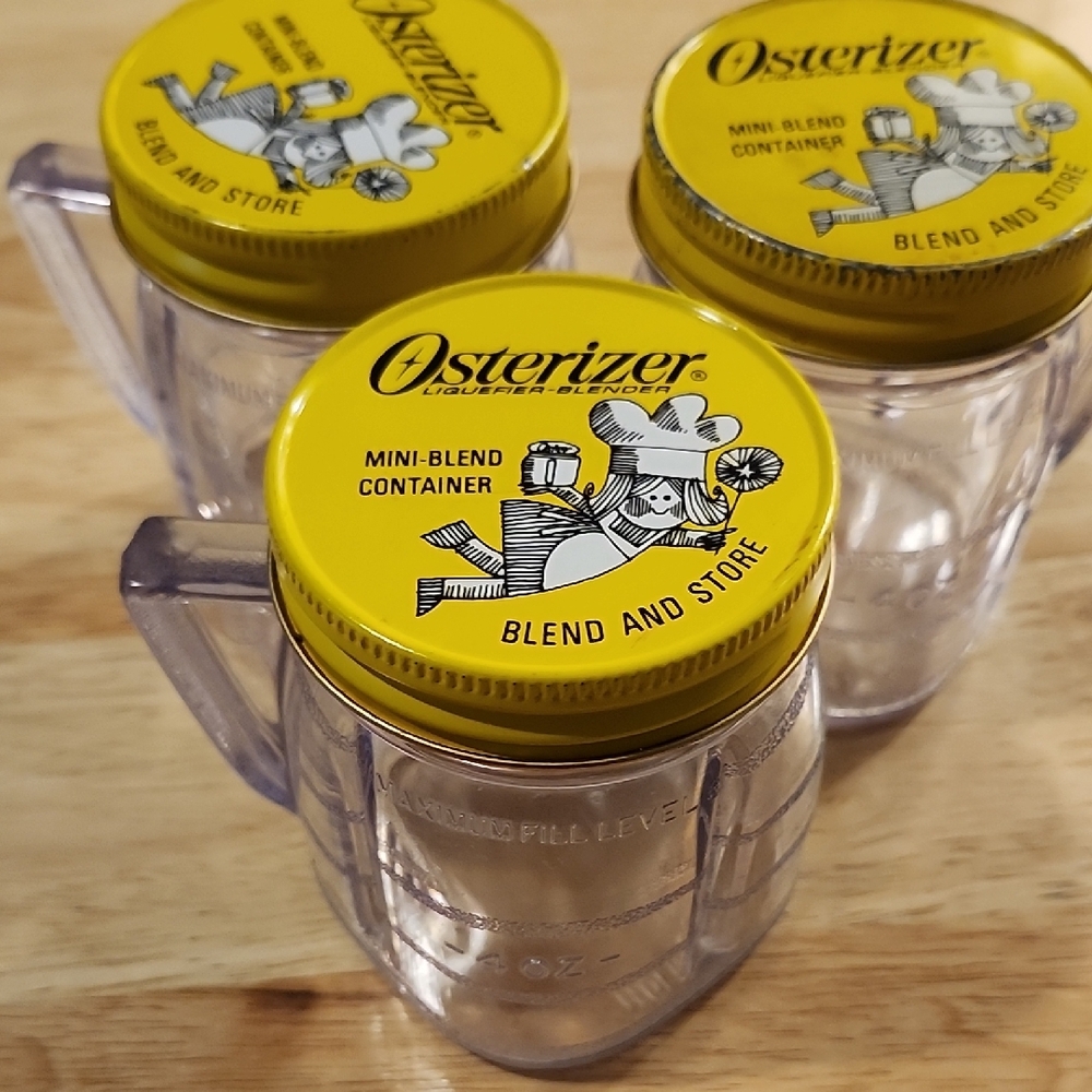 3 Vintage Osterizer Mini-Blend Containers with Yellow Lids 8 oz
